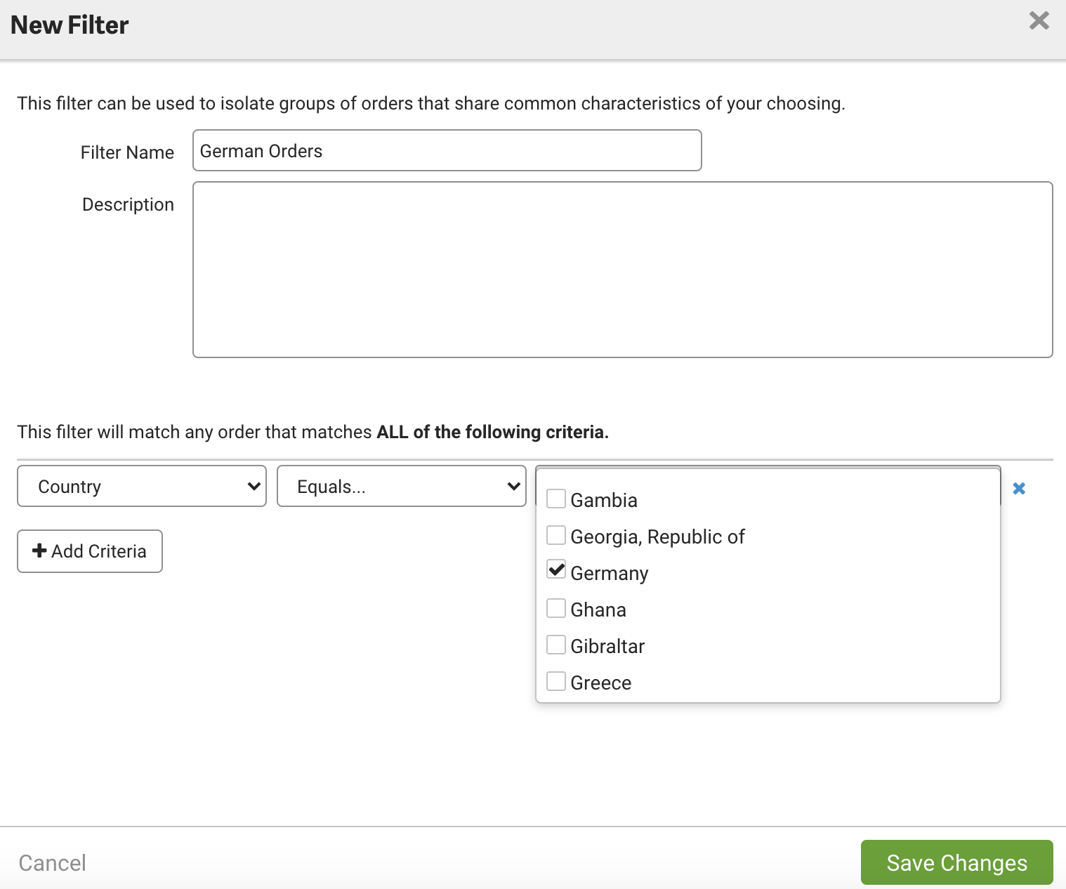 Pop-up window to create new order filter for orders shipping to Germany.