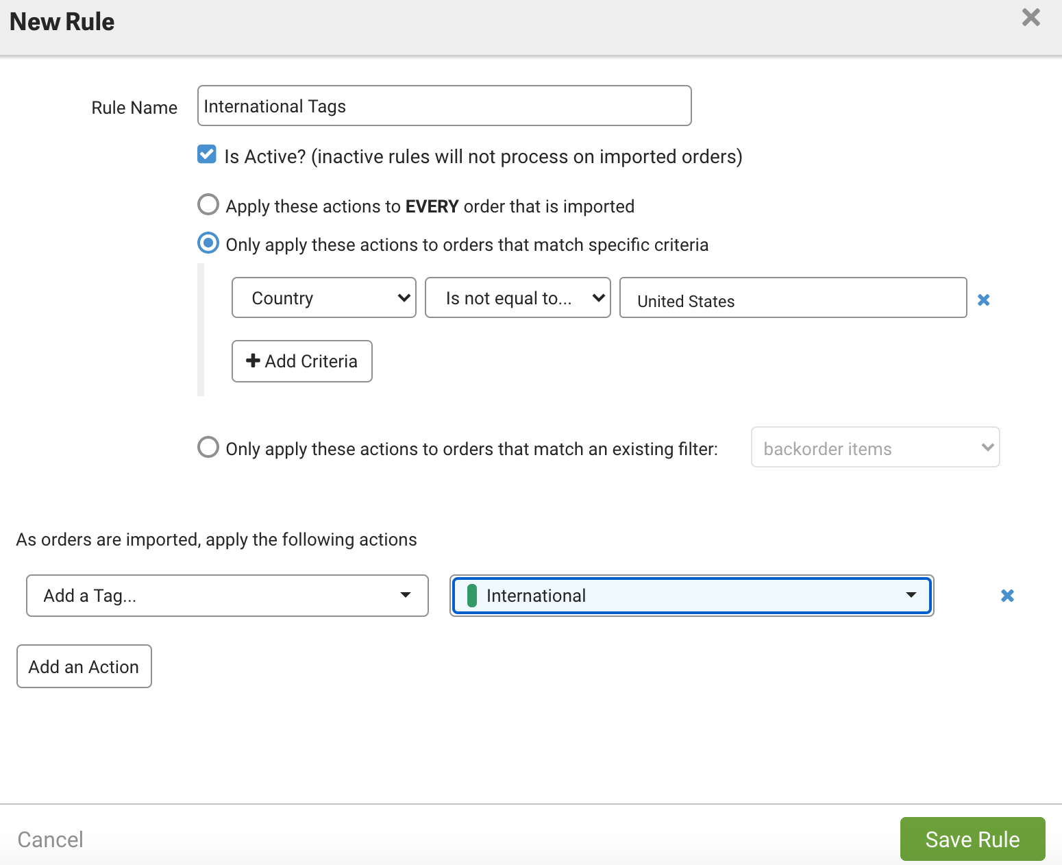 Example automation rule with "International" order tag applied to orders that are not domestic.