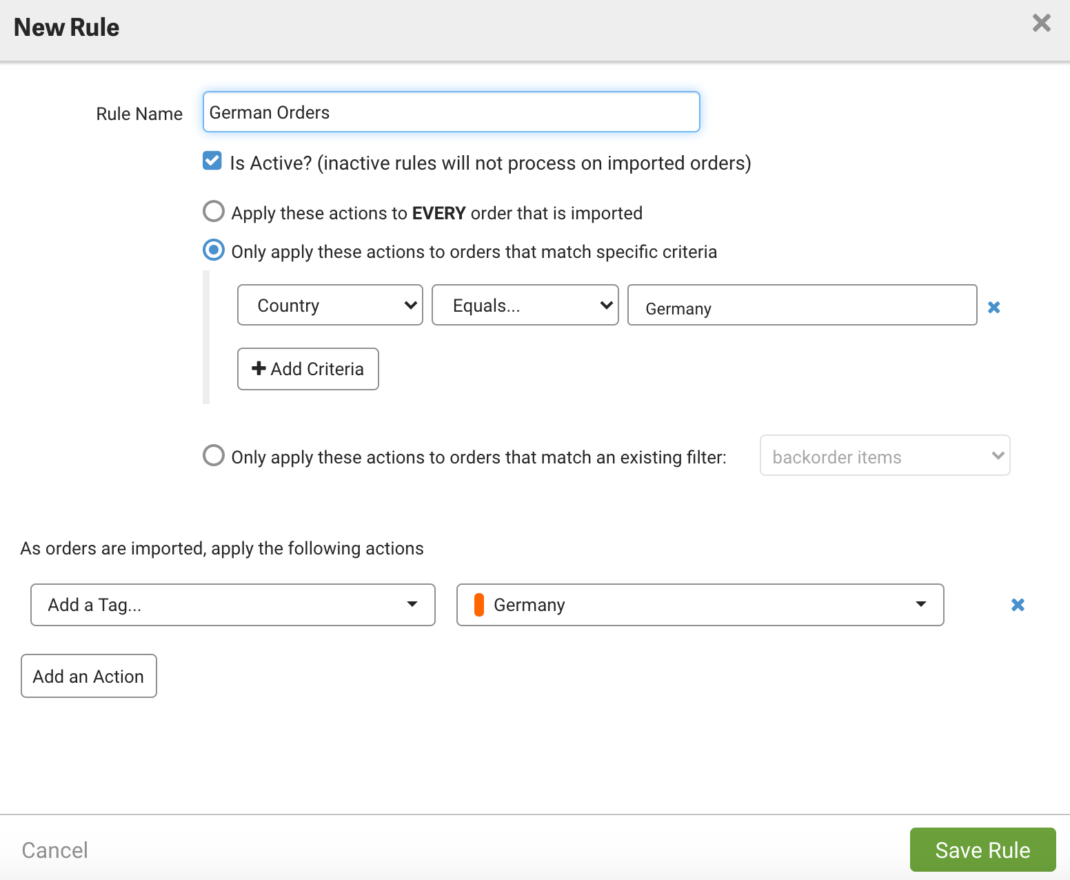 Example automation rule applies "Germany" order tag to orders shipping to Germany.
