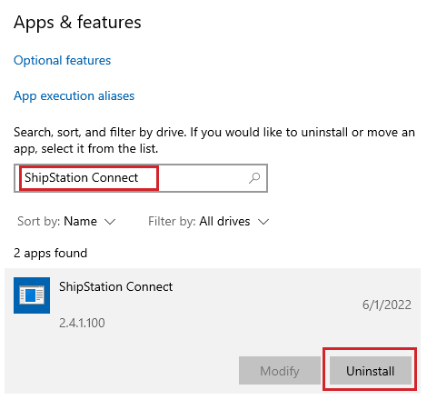 ShipStation Connect in der Windows Apps und Features-Suche in Windows. Die Schaltfläche „Deinstallieren“ ist durch ein rotes Kästchen hervorgehoben.