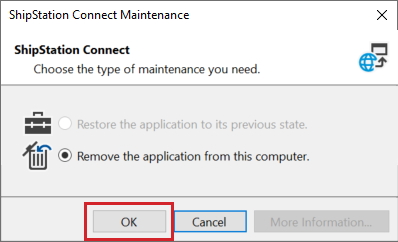 Wartungsfenster von ShipStation Connect. Die Option „Anwendung von diesem Computer entfernen“ ist ausgewählt. Die Schaltfläche OK ist markiert.