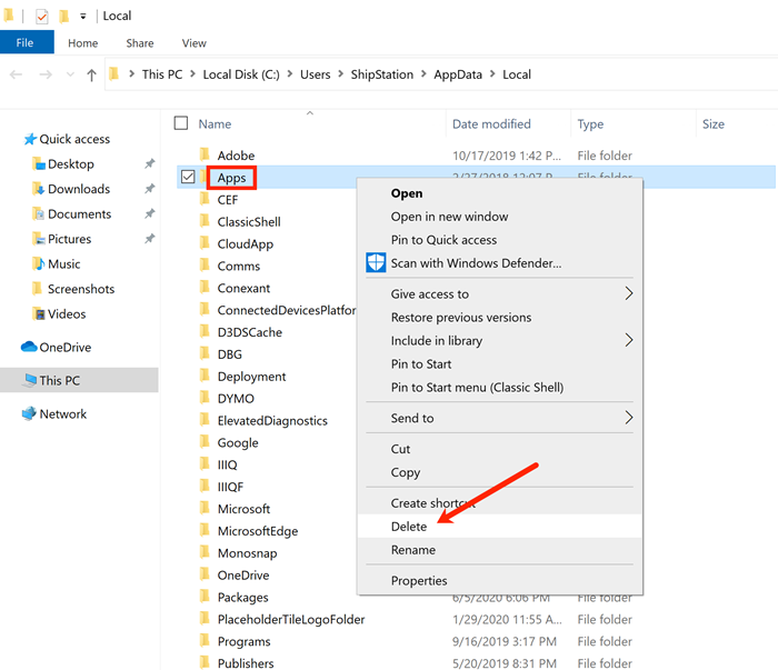 Der Datei-Explorer von Windows ist geöffnet. Das Menü für den Apps-Ordner ist geöffnet, die Option Löschen ist ausgewählt.