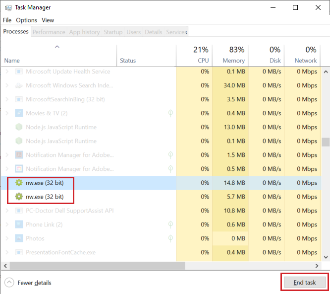 nw.exe-Datei ist im Windows Task-Manager ausgewählt. Die Schaltfläche „Task beenden“ ist durch ein rotes Kästchen hervorgehoben.