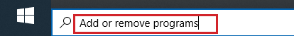 In der Windows-Desktop-Suchleiste ist der Text „Programme hinzufügen oder entfernen“ eingegeben.