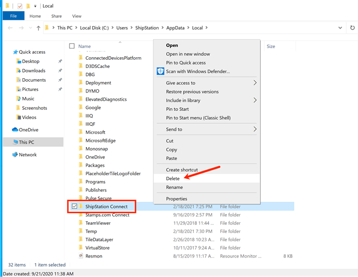 Der Datei-Explorer von Windows ist geöffnet. Das Menü für den Ordner ShipStation Connect ist geöffnet, die Option Löschen ist ausgewählt.