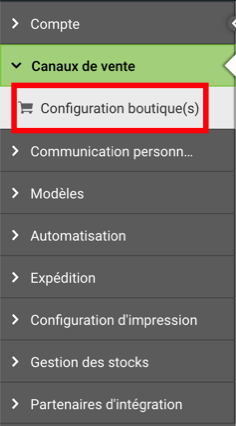 Sélections de la page des paramètres, avec l'option Configuration de la boutique dans Canaux de vente encadrée en rouge.