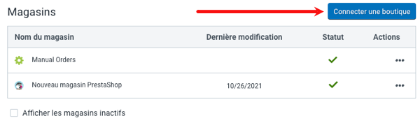 Français. Paramètres de configuration de la boutique, une flèche pointe vers le bouton Connecter une boutique.