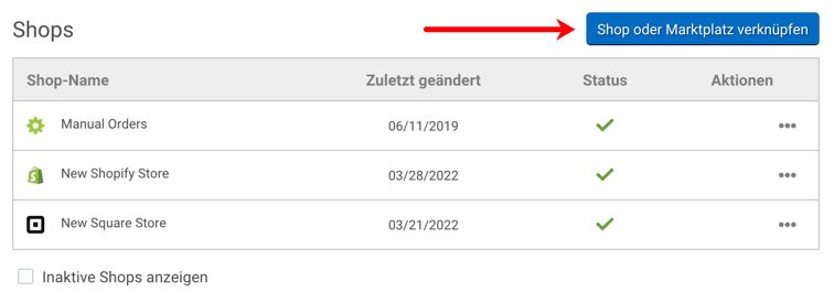 Shop-Einrichtung, Pfeil zeigt auf die Schaltfläche „Shop oder Marketplace verbinden“.