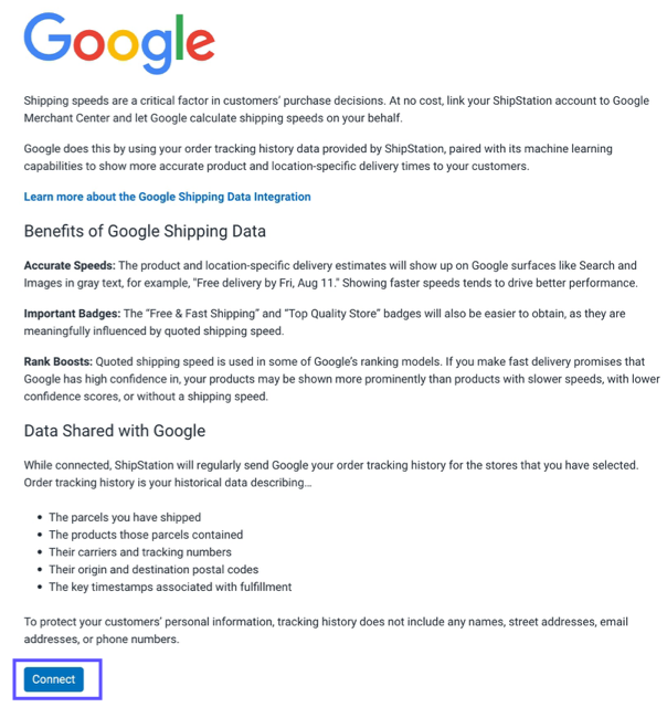 Box highlights Connect button at the end of Google Shipping Data page.