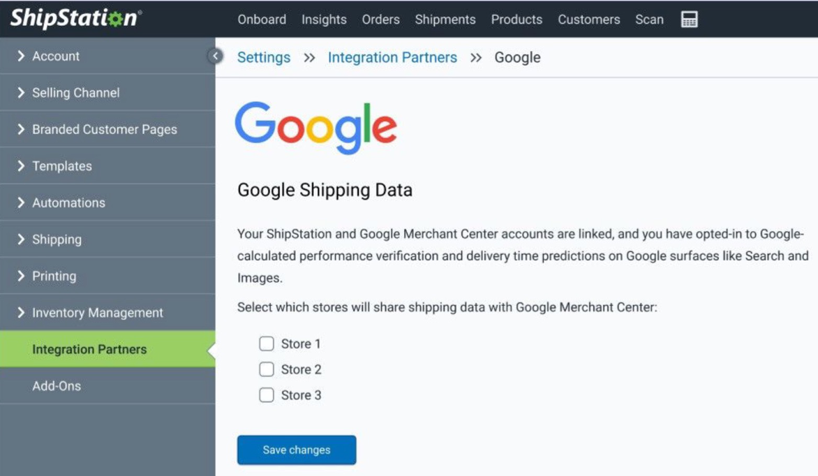 Integration Partners page. Shows Google Shipping Data accounts now linked.