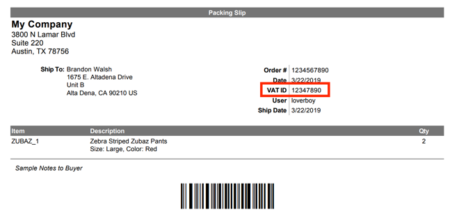VAT ID number highlighted by red box on example packing slip.