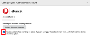 Setting to include Australia Post branding on labels checked in ShipStation connection window.