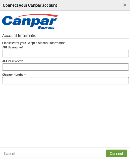 Fenêtre Connect your Canpar account ouverte dans les paramètres de la boutique ShipStation.