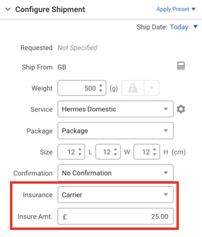 Configure Shipment section with the insurance and insurance amount fields highlighted.