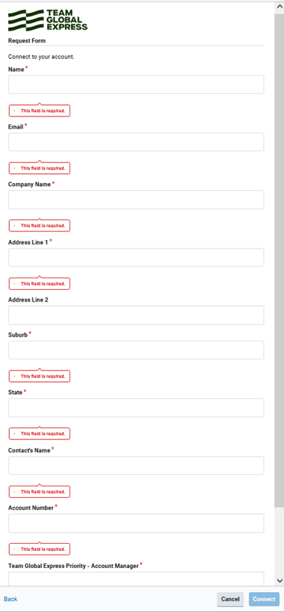 The form to connect Team Global Express Priority is displayed.