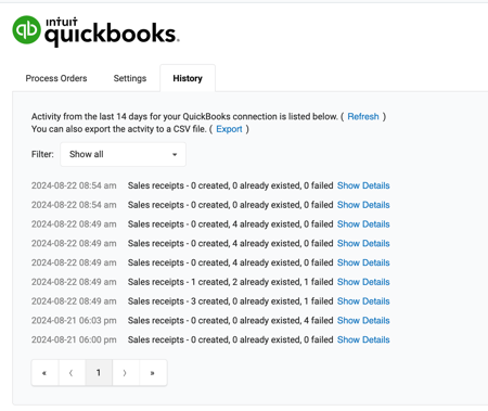 Quickbooks History tab