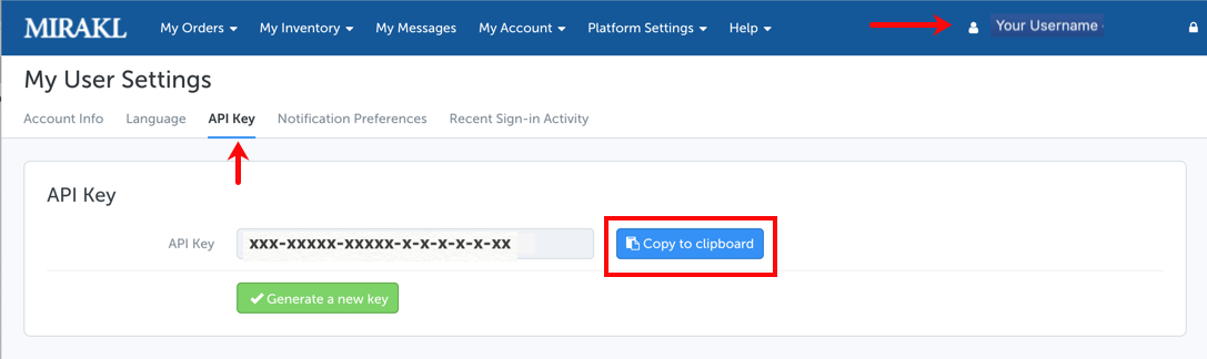 Darty (Mirakl) API Key settings open with Copy To Clipboard button highlighted