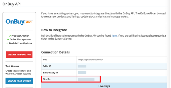OnBuy connection details screen with Site ID highlighted