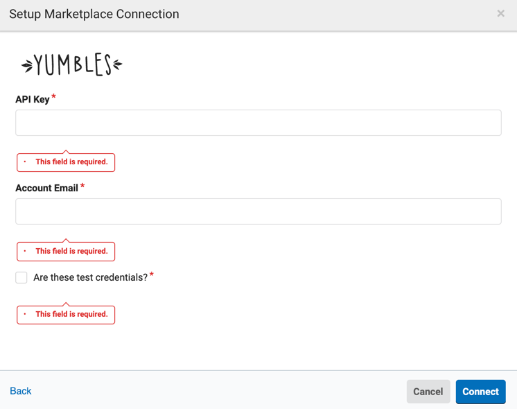 Yumbles connection screen, shows fields for API key, Account Email, and test credentials checkbox