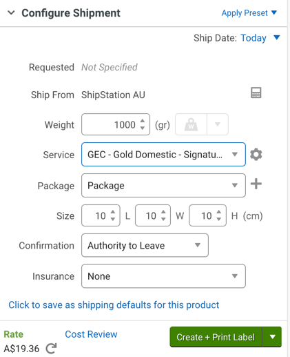 The Configure Shipment Widget with service options and a label rate