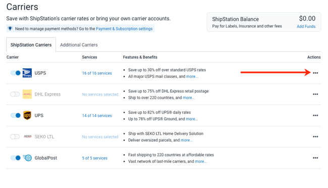 Paramètres des transporteurs pour ShipStation Carriers USPS, une flèche rouge pointe vers le menu Actions