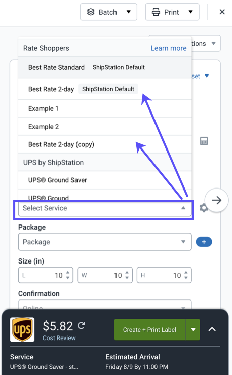 Configure Shipment widget shows Rate shopper menu with rules you can manually set.
