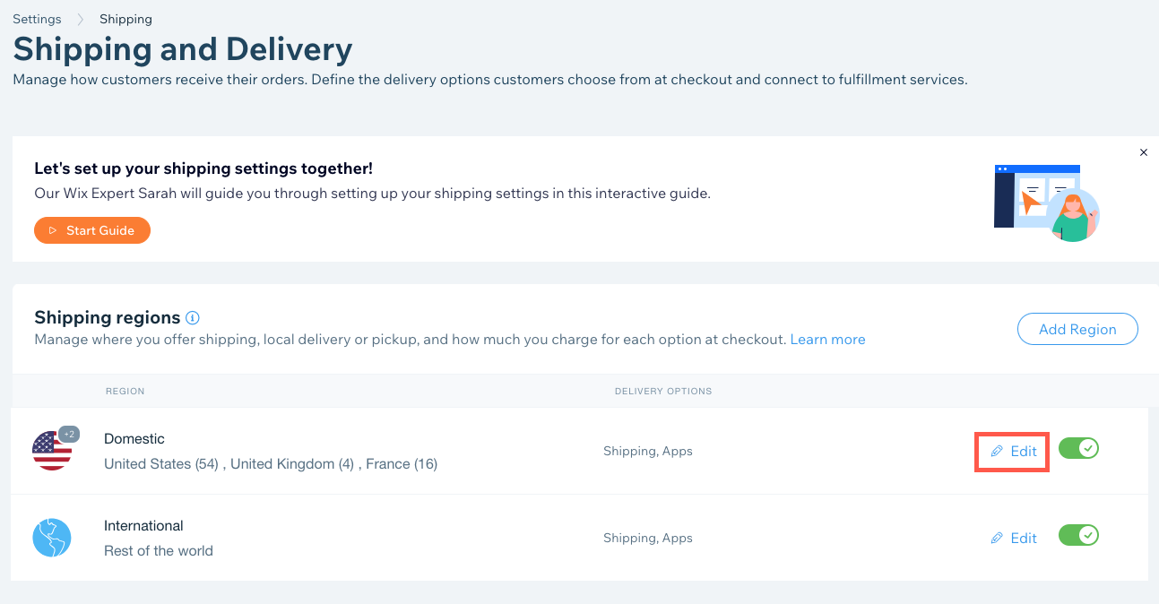 Wix Dashboard Store Shipping page. Edit Shipping Rule link highlighted.