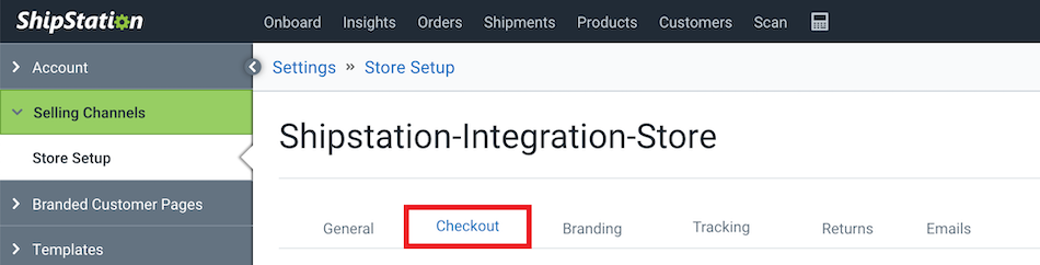 Store Setup Page. Red box highlights Checkout tab.