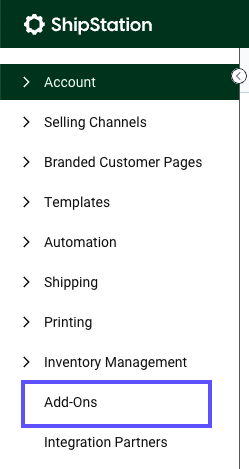 Box highlights the Add-Ons tab in the side navigation.