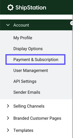 Kontoeinstellungen-Seitenleiste. Ein Kasten hebt die Option „Zahlung und Abonnement“ hervor.