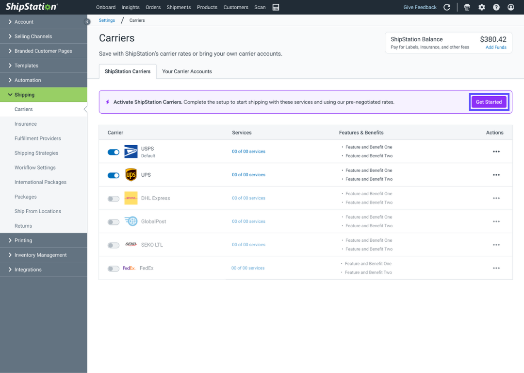 Carriers settings with arrow pointing to Get Started button