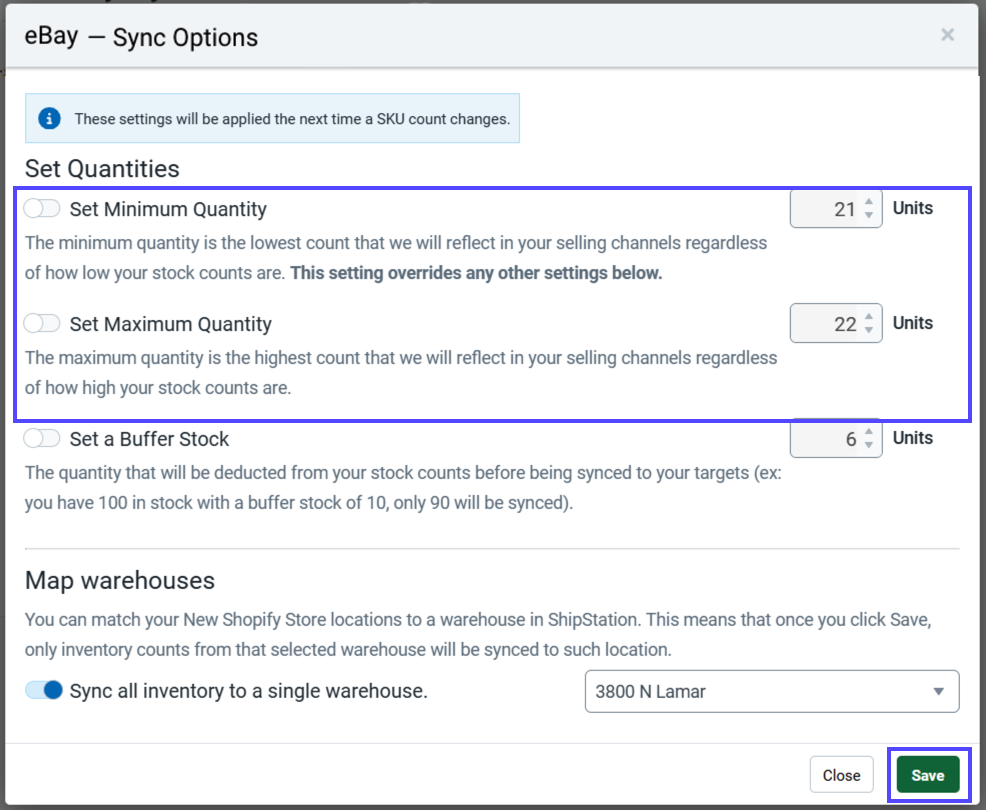 Sync Options popup. Box on Set Minimum and Maximum Quantities