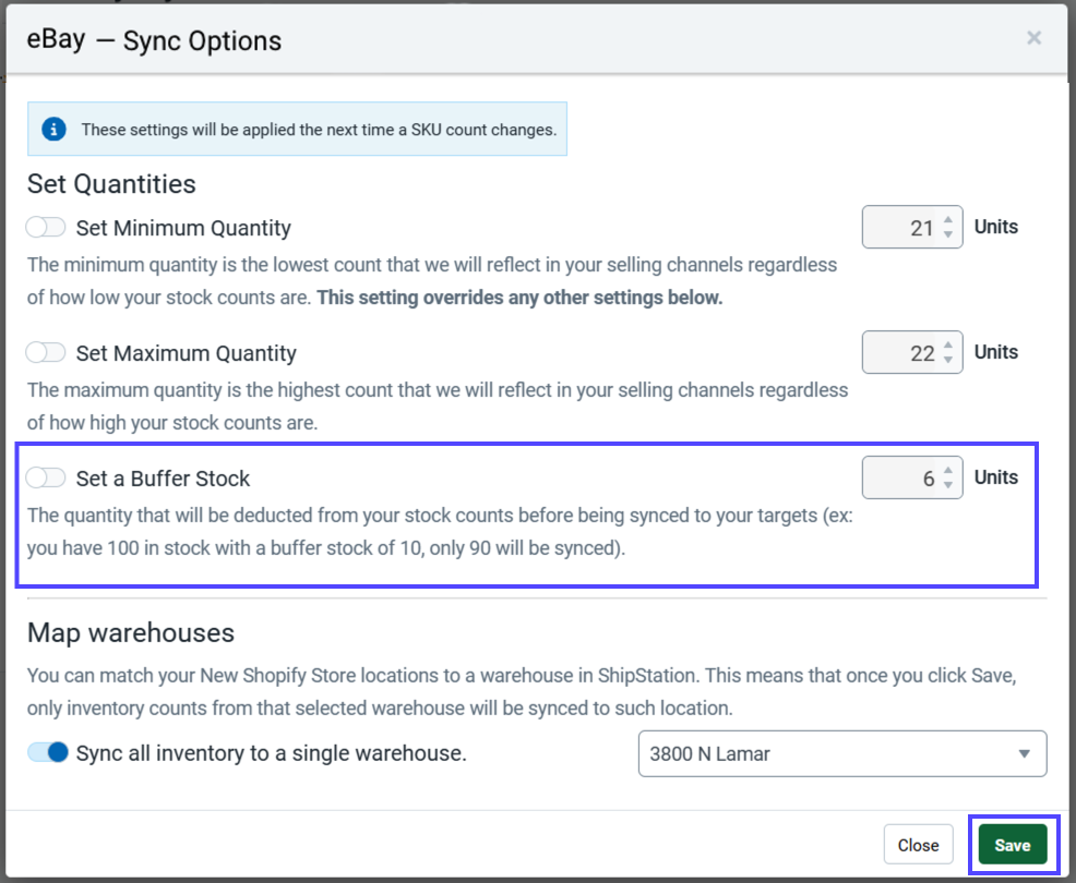 Sync Options popup. Box on Set a Buffer Stock toggle and units counter.