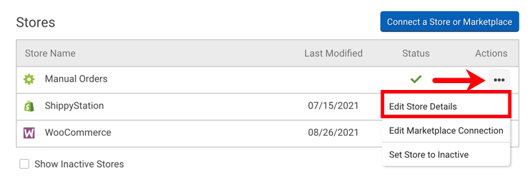 Store Setup page with arrow pointing to the ellipsis icon and dropdown menu showing Edit Store Details option highlighted