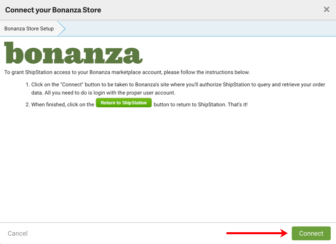 Bonanza connection pop-up window open in ShipStation settings with arrow pointing to "Connect" button