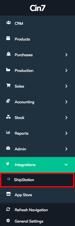 Cin7 menu with Integrations option expanded and ShipStation option highlighted.