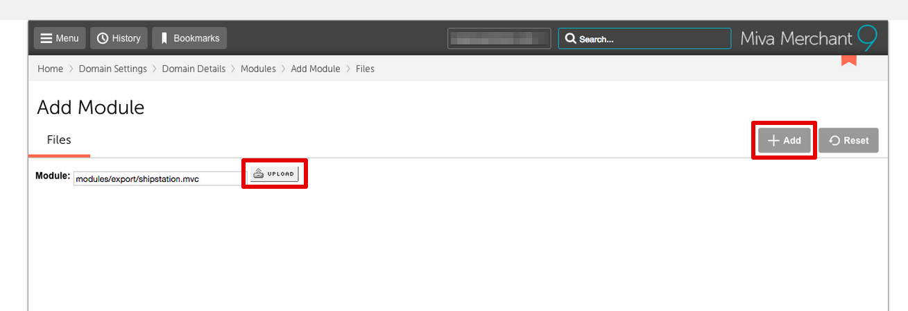 Miva add module menu with +Add and Upload buttons highlighted.
