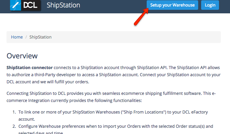DCL Overview with arrow pointing to Setup your Warehouse button.