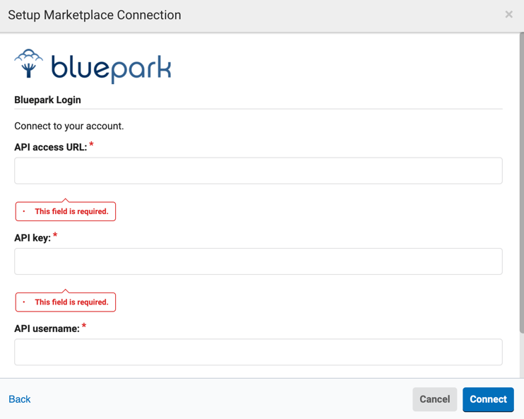 Ventana emergente de conexión de Bluepark abierta en la configuración de ShipStation