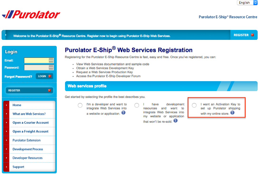 Option de clé d'activation du registre Purolator encadrée en rouge.