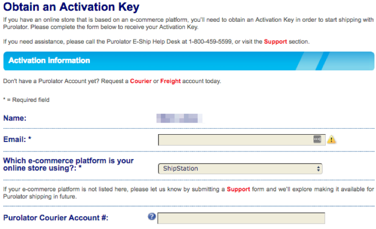 Formulaire de clé d'activation de Purolator.
