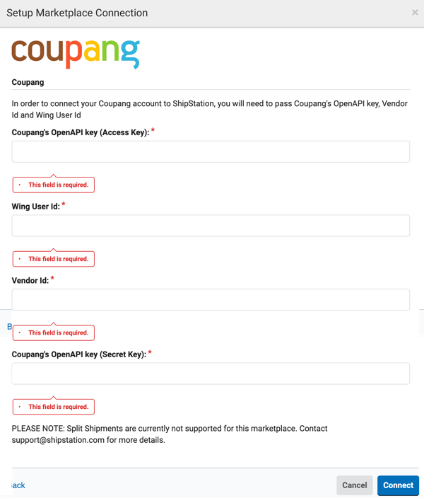 Pop-up-Fenster für die Coupang-Verbindung in den ShipStation-Einstellungen