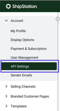 Einstellungen der Seitenleiste: Dropdown-Menü „Konto“. Die Option „API-Einstellungen“ ist rot hervorgehoben.