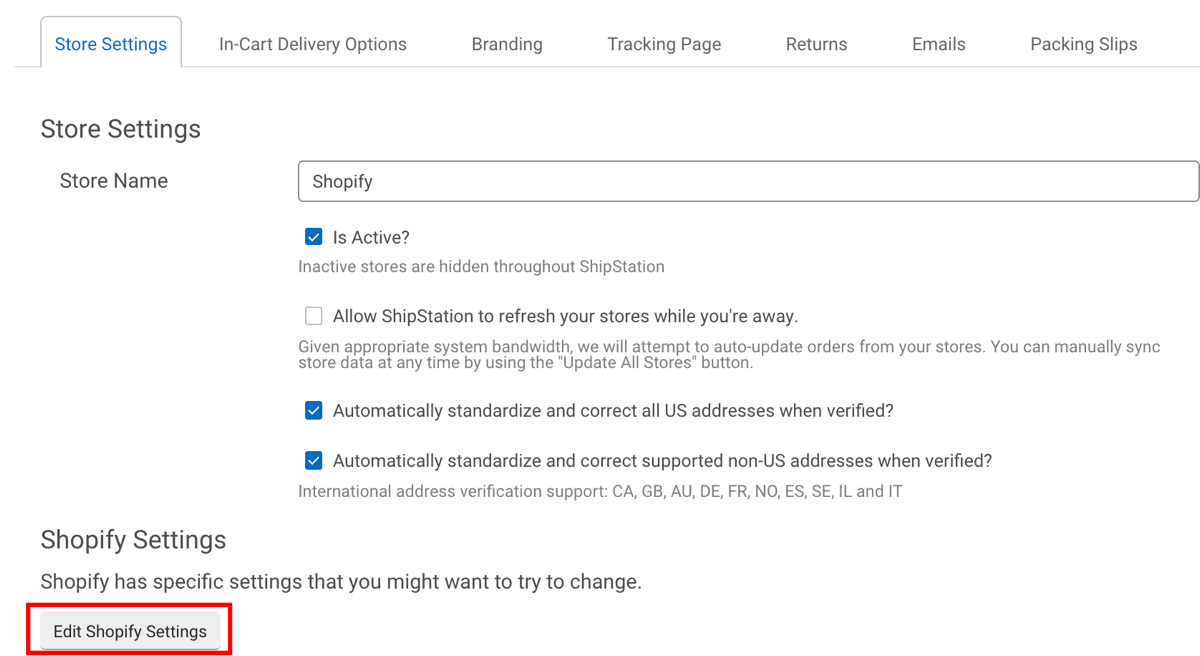Shop-Einstellung für Shopify in ShipStation, die Schaltfläche „Edit Shopify Settings“ (Shopify-Einstellungen bearbeiten) ist hervorgehoben