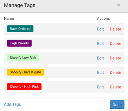Pop-up „Tags verwalten“ mit folgenden Betrugs-Tags: „Shopify – Geringes Risiko“, „Shopify – Untersuchen“, „Shopify – Hohes Risiko“
