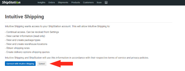 Fenêtre contextuelle de la page de consentement d'Intuitive Shipping dans ShipStation