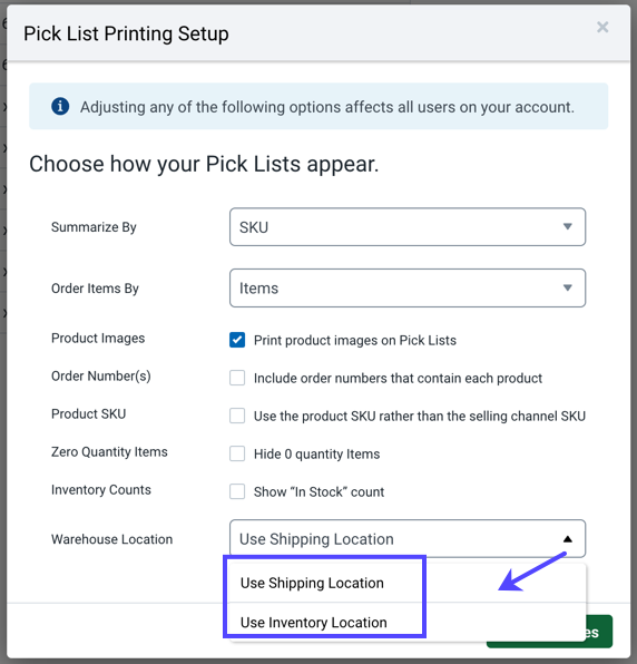 An arrow from the Warehouse Location dropdown points to boxed options.