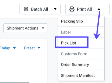 An arrow from the Print All button points to the box on the Pick List menu option