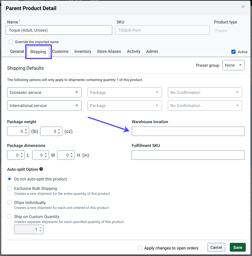 Standalone Product Detail popup. Box on Shipping tab. Arrow to Warehouse Location