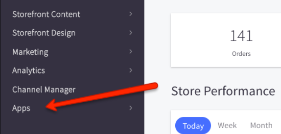 Das Einstellungsmenü von BigCommerce ist geöffnet mit Pfeil zur Option „Apps“.